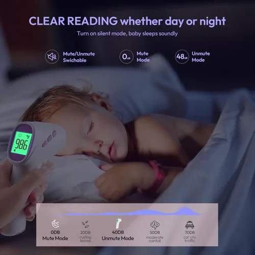 Miniatura 6 de Termómetro de frente para adultos, niños y bebés, termómetro digital sin contacto con pantalla de retroiluminación LCD, alarma de fiebre y lectura