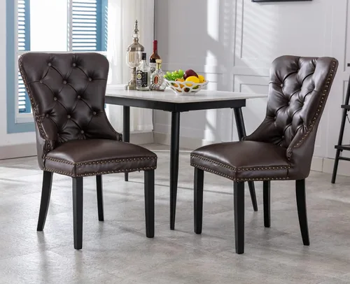 Miniatura 10 de EALSON Juego de 2 sillas de comedor modernas de cuero de mediados de siglo con patas de madera, sillas laterales de cocina tapizadas con ribete
