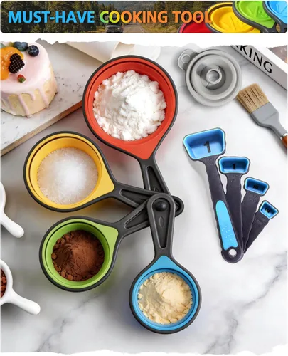 Miniatura 4 de Juego de tazas y cucharas medidoras, Tazas medidoras plegables, 8 piezas, Medidor plegable grabado con marcas métricas/imperiales para medición