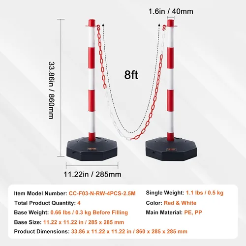 Miniatura 7 de VEVOR Conos de Poste Delineador de Tráfico Ajustables, Paquete de 4, Barrera Delineadora de Seguridad de Tráfico con Base Rellenable Cadena de 8
