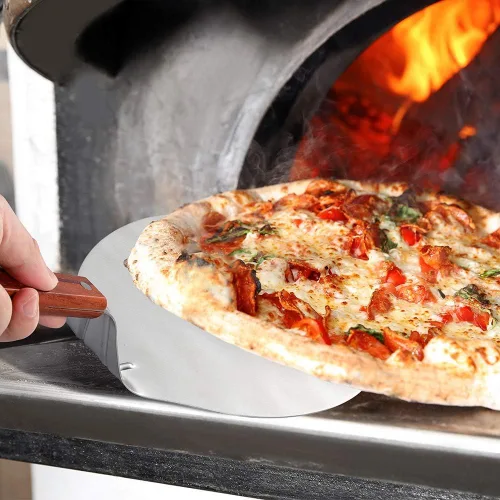 Miniatura 8 de IUAQDP Espátula de pizza de acero inoxidable, pala de cáscara, elevador de pasteles, mango de madera, soporte para placa de hornear, pizza casera