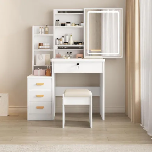 Escritorio de Tocador Tocador de Maquillaje con Espejo Deslizante y Luces, Juego de Tocador de Maquillaje con Cajones, Taburete y Estantes Abiertos,
