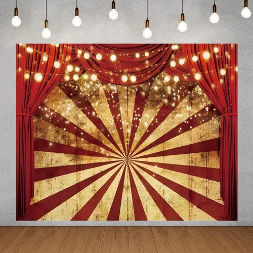 Miniatura 9 de Telón de fondo de circo de 10 x 8 pies para fiesta temática de carnaval, fondo rojo de cortina para baby shower, fiesta de cumpleaños, pancarta