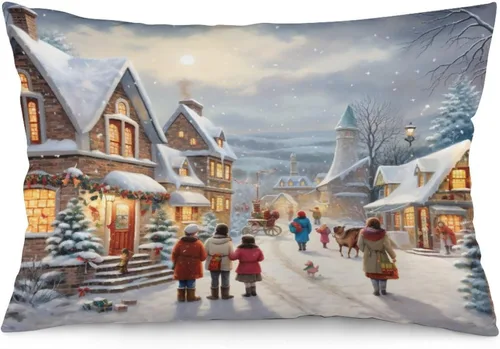 Miniatura 8 de Funda de almohada con escena de pueblo navideño con niños, fundas de almohada de 12 x 20 pulgadas, almohadas decorativas de Navidad para sofá, funda