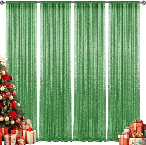 Miniatura 73 de 2 paneles de cortinas de fondo de lentejuelas verdes de 8 pies, cortinas de fondo de fotografía con purpurina para decoración de Navidad, boda
