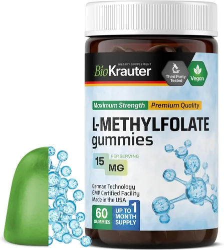 BIO KRAUTER® Gomitas de L-metilfolato para apoyo fólico - Gomitas de ácido fólico (vitamina B9) Suplemento MTHF para la salud cerebral y el apoyo