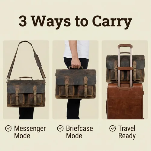 Miniatura 6 de cuero Bolso de mensajero retro marrón para computadora portátil, maletín de oficina, bolsa de viaje cruzada para hombres y mujeres, bolsa de oficina
