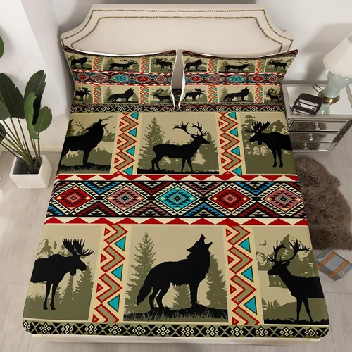 Miniatura 46 de Juego de ropa de cama de estilo bohemio occidental, tamaño individual, diseño de vaca atrapasueños, sábana bajera ajustable del suroeste, tribu
