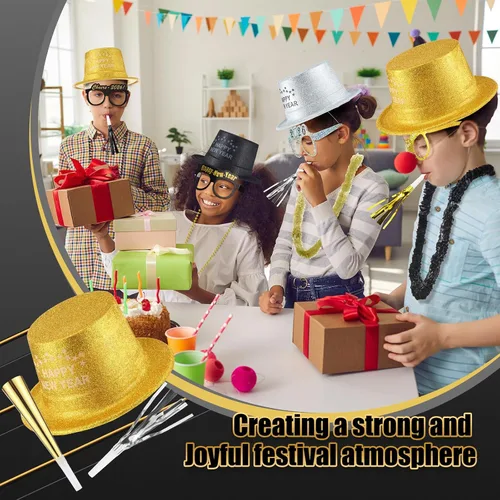 Miniatura 6 de Silipull 192 piezas de suministros de fiesta de Nochevieja 2026 para 48 invitados – Gorros Top Tiaras, Diademas, gafas, collar de cuentas, cuernos