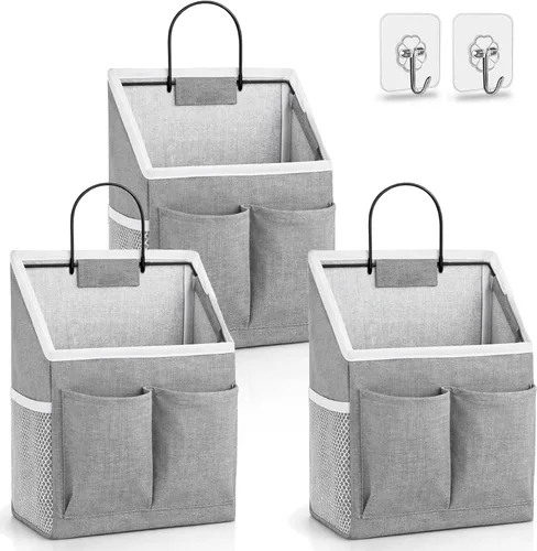 Kanrichu 3 piezas de bolsa organizadora pequeña para colgar en la pared, cesta de almacenamiento colgante de puerta de tela de lino con bolsillos,