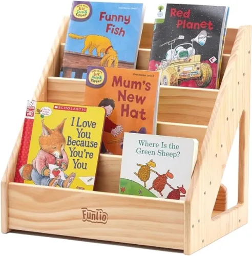 FUNLIO Montessori - Estantería para niños pequeños de 1 a 5 años, con asa y dispositivo antiinclinación, estantería de pino de primera calidad para