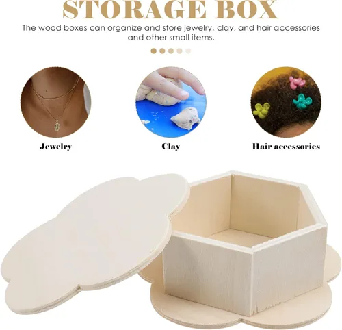 Miniatura 9 de iplusmile Caja de madera Caja de madera 3 piezas Caja de joyería de madera sin terminar con forma de flor, caja organizadora de almacenamiento