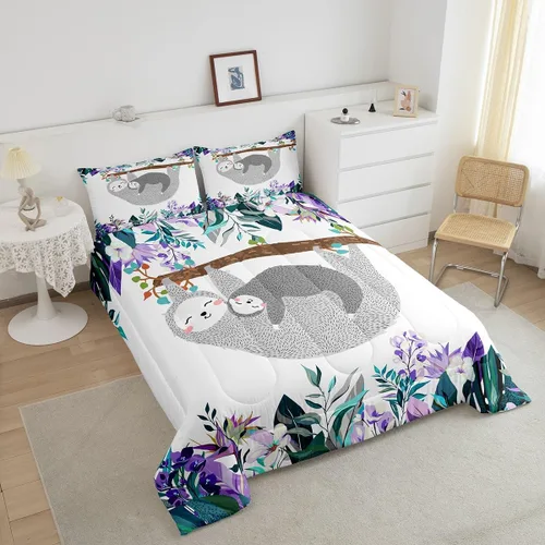 Miniatura 4 de Erosebridal Juego de edredón de perezoso tamaño individual, bonito edredón de plumón de perezoso en árbol para niños y niñas, juego de ropa de cama