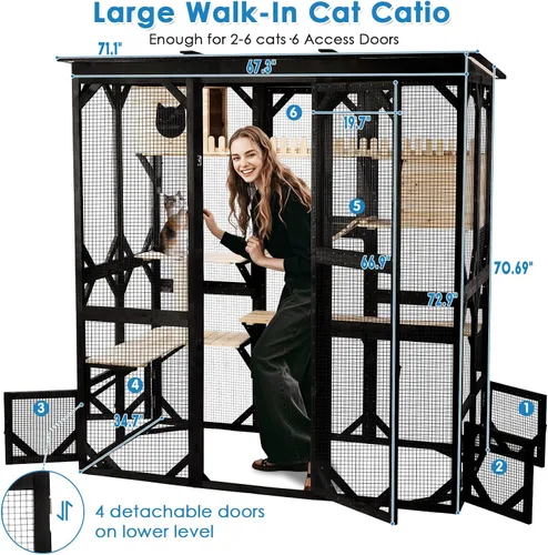 Miniatura 9 de FunXplore 180,6 cm de largo Catio para gatos al aire libre para gatos grandes con acceso a ventanas, jaula para gatos de entrada para múltiples