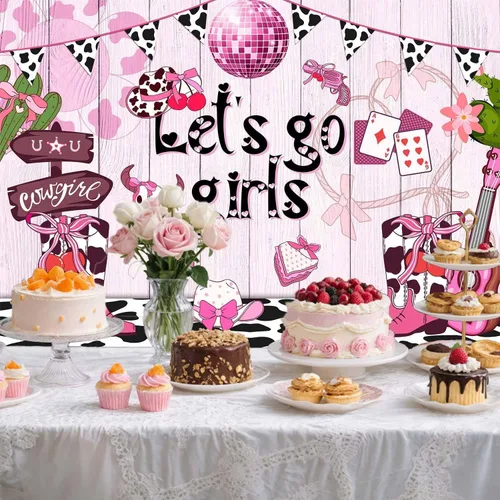 Miniatura 5 de Fondo de vaquera rosa de 5 x 3 pies con estampado de vaca disco occidental para niñas, cumpleaños, despedida de soltera, adolescente, decoración