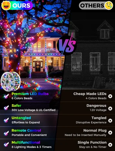 Miniatura 3 de Brightever Luces LED para árbol de Navidad, 900 bombillas de 295 pies, luz de Navidad exterior enchufable con control remoto, 8 modos
