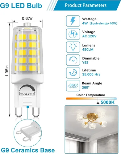 Miniatura 2 de Paquete de 10 bombillas LED G9 regulables 5000K luz diurna blanca, 4W 40W equivalente a T4, 450 LM, base G9 bi-pin para iluminación del hogar