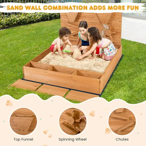 Miniatura 2 de HONEY JOY Caja de arena con pared de arena de 30 pulgadas, pozo de arena sin fondo de cedro con embudo, canaletas, caja de almacenamiento, forro
