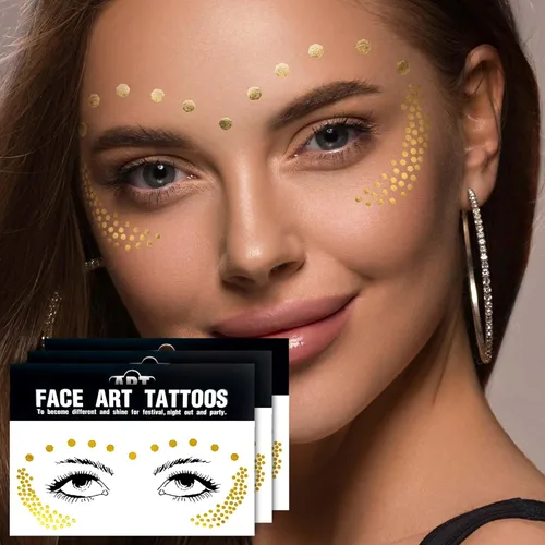 Miniatura 8 de 3 hojas de calcomanías de maquillaje de cara de pecas sintéticas metálicas doradas, impermeables, brillantes, arte corporal para festivales