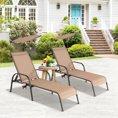 Miniatura 9 de Byroce - Sillón de patio con toldo, tumbona para exteriores con respaldo ajustable de 5 niveles, brazos y portavasos, silla reclinable de metal