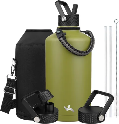 Miniatura 67 de Konokyo - Botella de agua aislada de 18 onzas, botellas deportivas de acero inoxidable con 3 tapas, verde militar