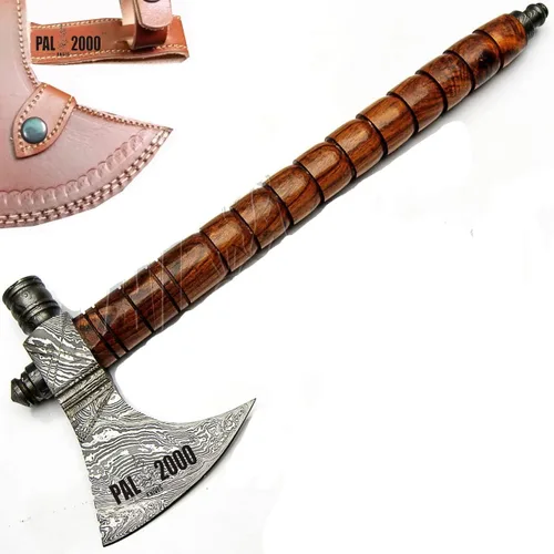 Miniatura 9 de Hacha de acero de Damasco hecha a mano, hacha de hacha Tomahawk, cuchillo, mango de madera de rosa maciza, pulgadas, hacha