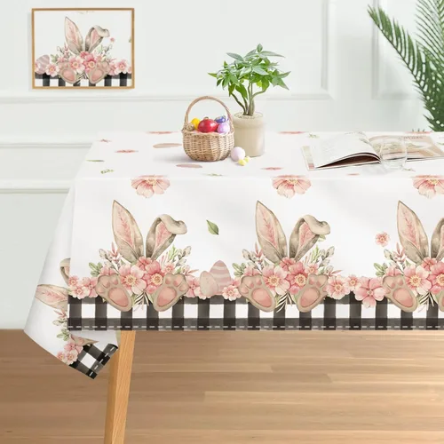 Miniatura 8 de Mantel redondo de Pascua de 60 pulgadas, mantel de flores de conejo a cuadros, resistente a las manchas y a las arrugas, lavable, para primavera