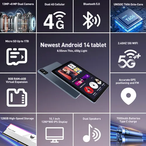 Miniatura 2 de DOMATON Tabletas, tableta Android de 10.1 pulgadas con 14 GB de RAM 128 GB ROM 1280 * 800 pantalla Incell, procesador octa-core batería de 7000 mAh