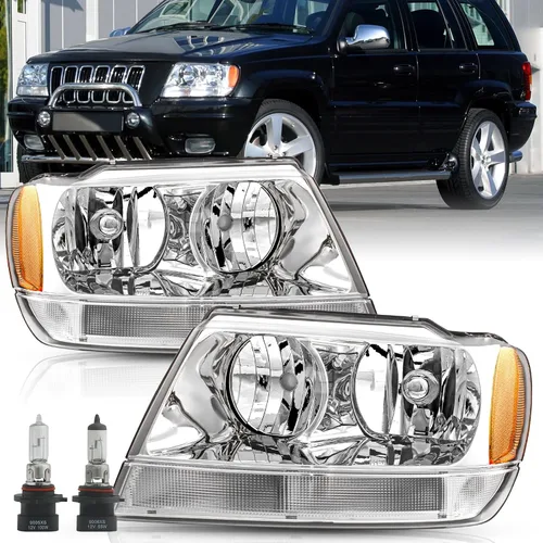 TUSDAR Juego de faros halógenos para Jeep Grand Cherokee WJ 1999-2004 del lado del conductor y acompañante con carcasa cromada y reflector ámbar