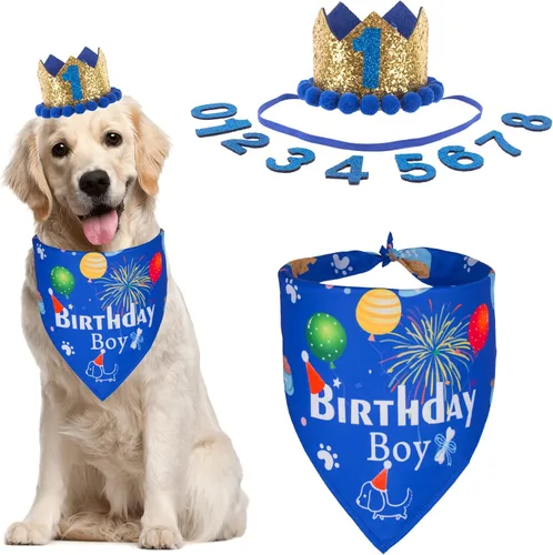 ADOGGYGO Conjunto de gorro bandana para perro para suministros de fiesta de cumpleaños, bufanda de cumpleaños para mascotas para perros medianos y