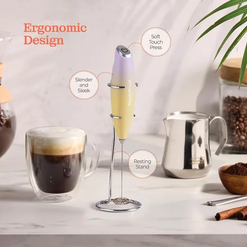 Miniatura 4 de Espumador de Leche Potente de Mano, Espumador de Leche Mini, Mezclador de Bebidas de Acero Inoxidable con Soporte para Espumador (Lavanda Banana)