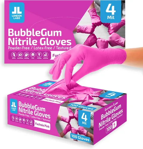 Miniatura 9 de London Labs 4 mil guantes de nitrilo rosa fucsia, desechables, sin látex y sin polvo, resistentes a productos químicos, guantes de goma rosa