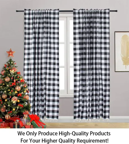 Miniatura 5 de ShinyBeauty Cortinas de cocina a cuadros negros de búfalo 2 paneles de cortinas opacas con borlas y bolsillo para barra, cortinas opacas de 63