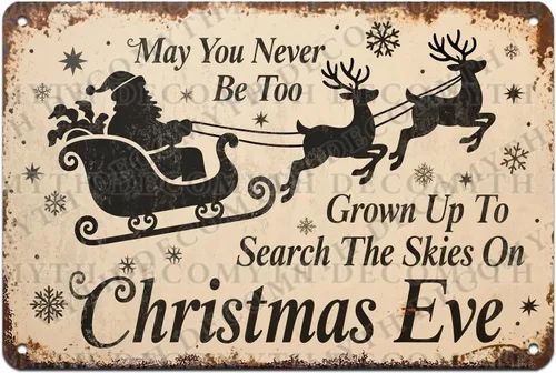 Letrero de Estaño Metálico Vintage Search The Skies On Christmas Eve Decoración de Pared Navideña para Sala de Estar Repisas de Chimenea Esquinas