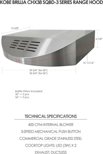 Miniatura 4 de KOBE CHX3830SQBD-3 Brillia Campana extractora bajo gabinete sin conductos de 30 pulgadas, 3 velocidades, 400 CFM, luces LED, filtros deflectores