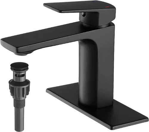 GENBONS Grifos de baño negros de 1 agujero, grifo de lavabo de baño de una sola manija con drenaje emergente y placa de cubierta de fregadero de 3