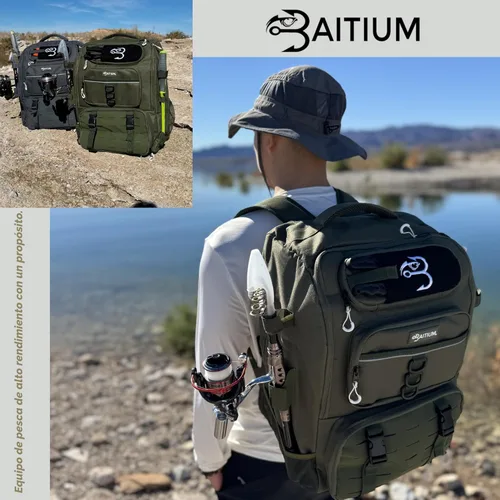 Miniatura 6 de Baitium Mochila de pesca - Bolsa de aparejos de 40L con enfriador, soportes para cañas, perfecta para equipo de pesca Verde
