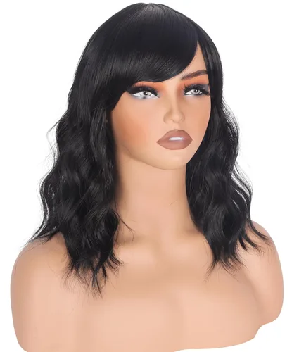 Miniatura 4 de Pelucas Bob Onduladas Negras Naturales a la Altura del Hombro Para Mujeres Pelucas Cortas Onduladas Con Flequillo Pelucas Sintéticas Onduladas