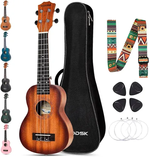 Miniatura 8 de AODSK Ukelele negro de concierto para principiantes de 23 pulgadas con correa para bolsa de concierto, cuerda de nailon, 4 púas, regalo de vacaciones