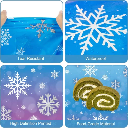 Miniatura 5 de 3 manteles de invierno con copos de nieve – Mantel de plástico de Frozen Wonderland desechable, rectangular, copos de nieve para suministros