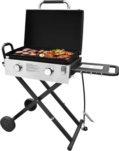 Plancha de gas propano portátil flexible de 30 pulgadas con tapa, 2 quemadores de 30,000 BTU, parrilla grande de 30 pulgadas con estante de