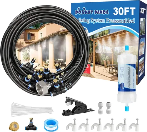 POCKET PANDA Misters premontados para patio exterior, sistema de enfriamiento de nebulización al aire libre con filtro, 30 pies | 29.5 ft. Kit de