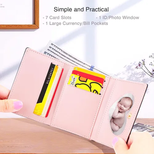 Miniatura 50 de CONISY Lindas carteras para mujer, de cuero con bloqueo RFID, pequeña cartera triple con ventana de identificación para niñas y mujeres