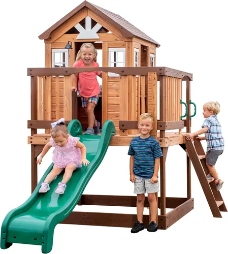 Miniatura 10 de Backyard Discovery Beacon Heights - Casa de juegos elevada de madera de cedro para niños con tobogán ondulado, cocina de juegos, cubierta