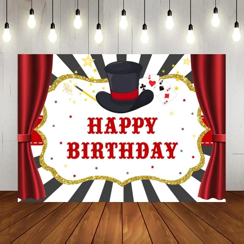 Lofaris Telón de fondo de 7 x 5 pies con espectáculo mágico de feliz cumpleaños para niños y niñas, cortinas rojas de mago, decoración de baby