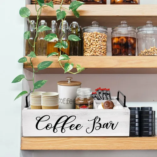 Miniatura 6 de MINCORD Organizador de estación de café, soporte de madera para barra de café, accesorios para encimera, cesta de almacenamiento de cápsulas Kcup