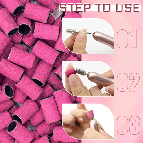Miniatura 5 de Bandas de lijado para uñas, banda de lijado de grano 180 para taladro de uñas, 200 bandas de lijado rosa de grano fino 180 con broca de lijado