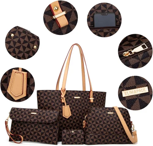 Miniatura 35 de Juego de 4 bolsas modernos para mujer de cuero sintético: bolso tote, bolso de hombro, bolso de mano y cartera.