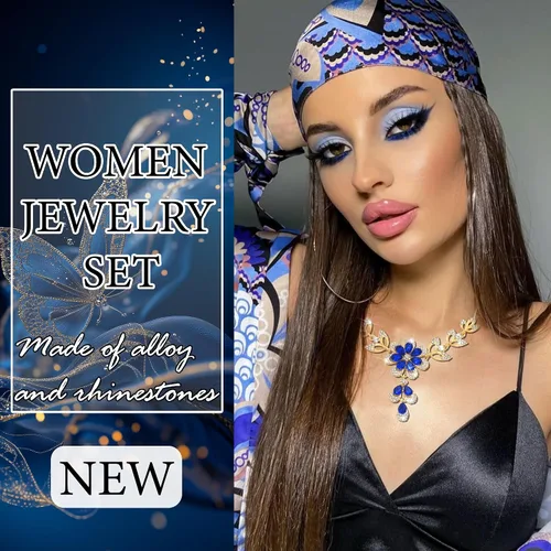 Miniatura 2 de Gold Blue Jewelry Set Diamond Black Flower Teardrop Necklace Earrings Rhinestone Crystal Wedding Prom Formal Trendy Jewelry Accessories for Brides