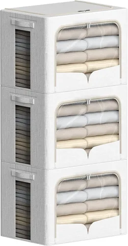 Miniatura 10 de FHSQX Paquete de 3 contenedores de almacenamiento de ropa, caja de almacenamiento plegable con marco de metal, juego organizador apilable de tela